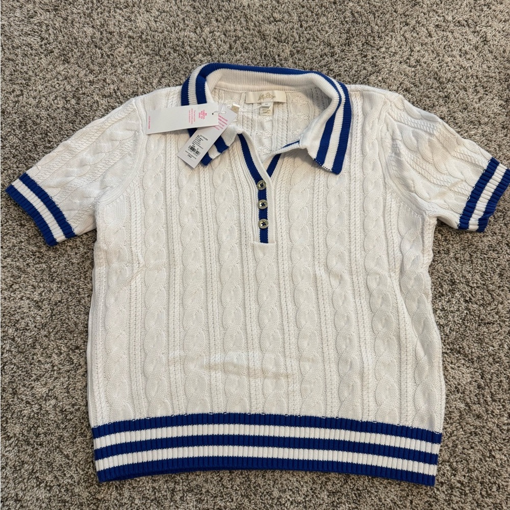 Lilly Pulitzer White Cable Knit Polo with Blue Trim